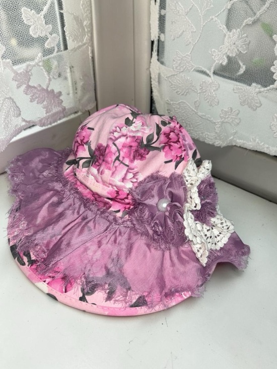 Floral Wide Brim Hat Pink Purple Lace Appliqués Shabby Chic Boho Women OS new